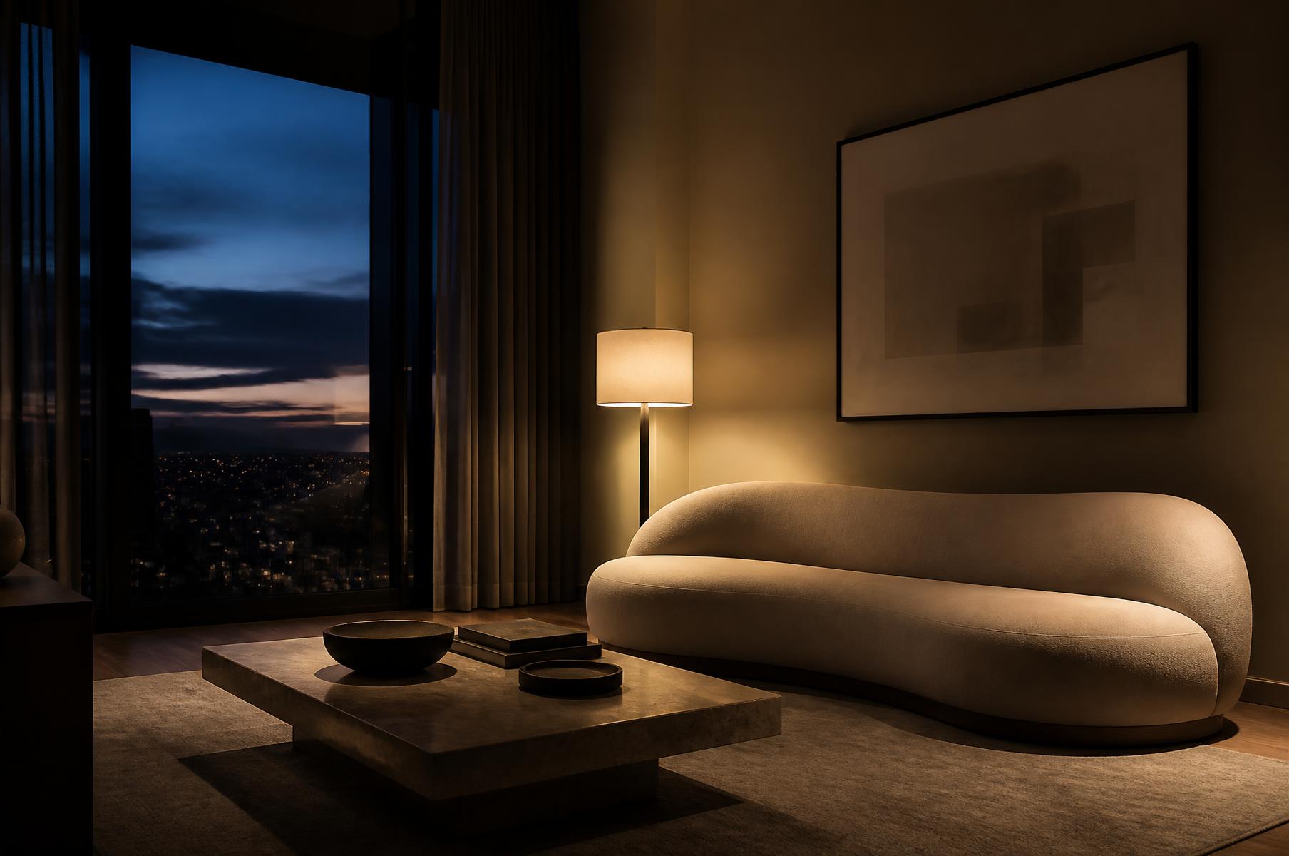 A quiet luxury room at dusk with a single sculptural sofa