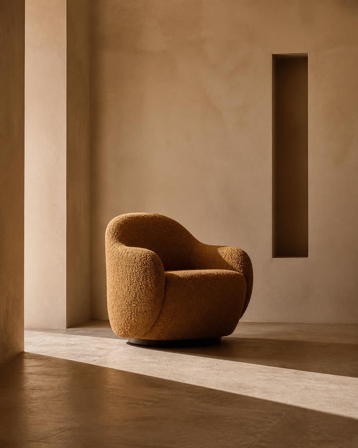 A sculptural bouclé armchair alone in a bare plaster room